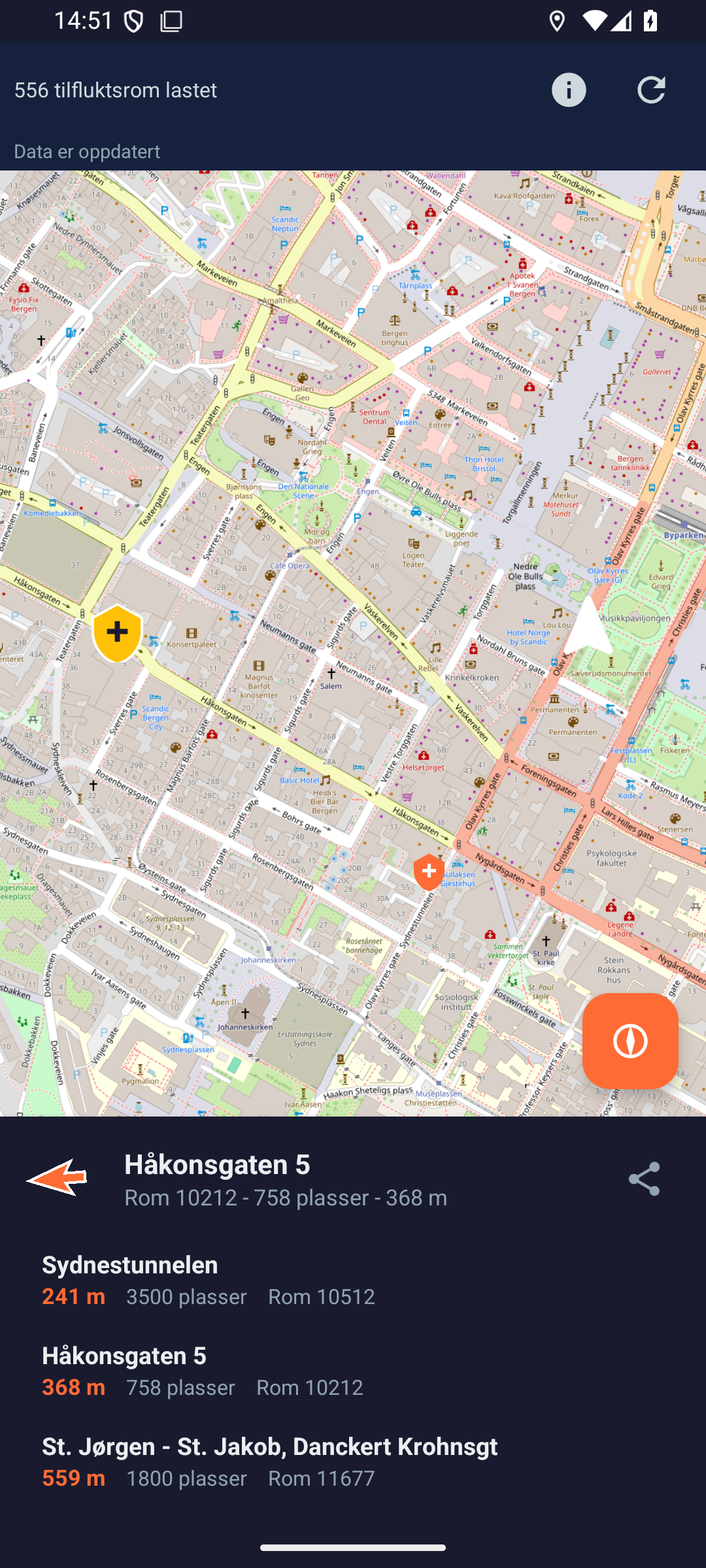 Valgt tilfluktsrom med avstand og retningspil