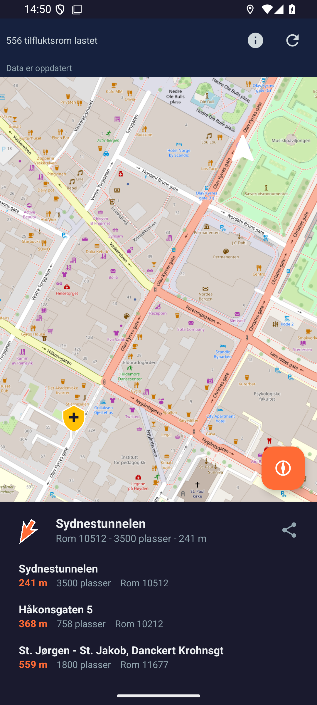 Kartvisning med tilfluktsrom i Bergen sentrum