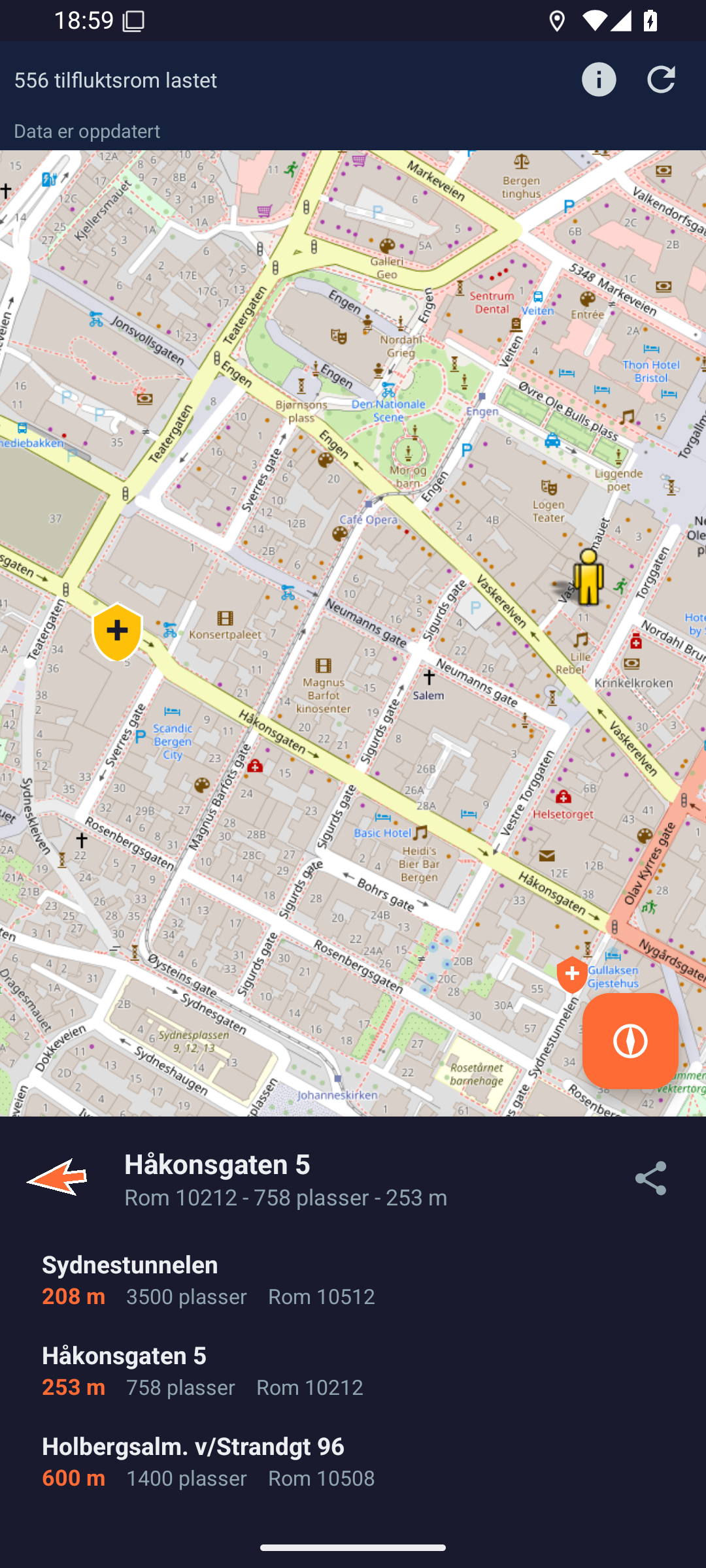Valgt tilfluktsrom med avstand og kapasitet
