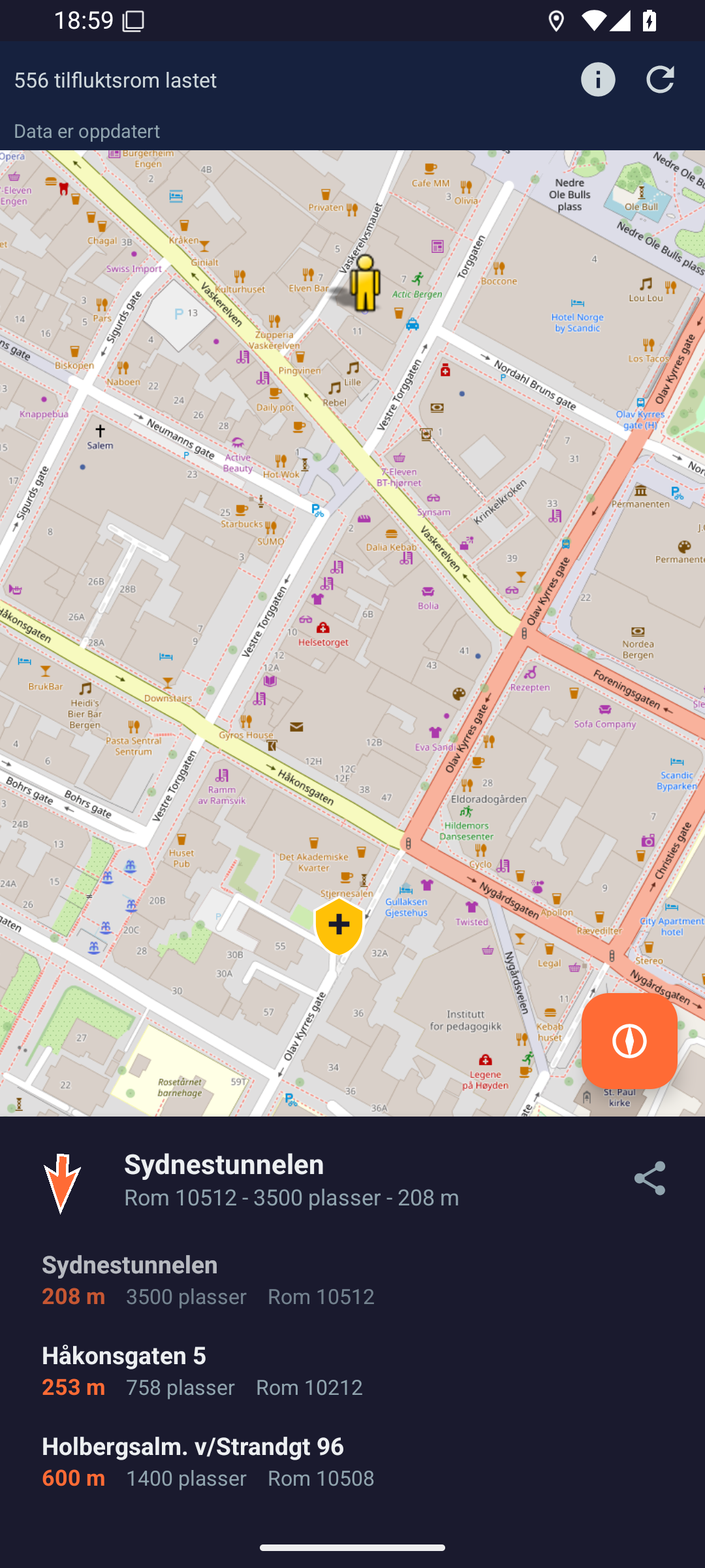 Kartvisning med tilfluktsrom i Bergen sentrum